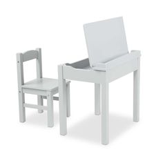 a white wooden table and chair with an open drawer on the back, sitting next to each other