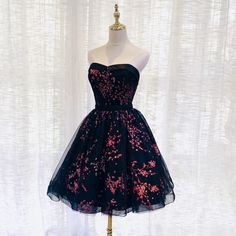 Lasaky - Black Strapless Evening Dress with Floral Print - Short Party/Performance/Host/Runway Adult Formal Puffy Skirt Simple Photos, Black Party Dress, Puffy Skirt, Strapless Evening Dress, Tulle Sleeves, Puff Dress, Dress Birthday, Black Prom Dress, Black Party Dresses