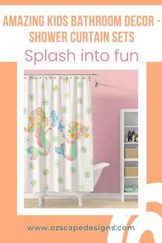 the bathroom is decorated in pink and green with an image of two children's shower curtains