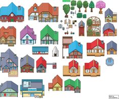 a bunch of houses that are in different colors and sizes, with trees on each side