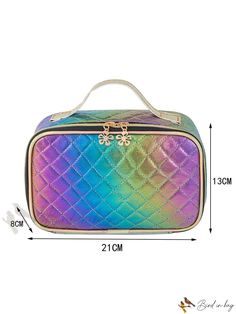 the rainbow cosmetic bag is shown with measurements