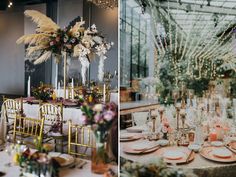 the tables are set for an event with tall centerpieces and floral arrangements on them