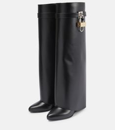 Shark Lock leather knee-high boots in black - Givenchy | Mytheresa Givanchi Boot Outfit, Givenchy Shark, Givenchy Boots, Knee High Leather Boots, Boots Outfit, High Boots, Dream Shoes, Wedge Heels, Knee High Boots