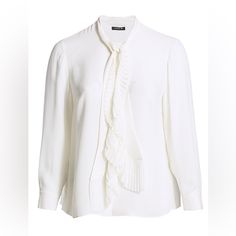 Lafayette 148 New York Wo Bates Neck-Tie Silk Blouse - Cloud White Tie Neck Blouse For Formal Occasions, White Silk Tie Neck Top, White Silk Top For Semi-formal Occasions, White Tie Neck Blouse For Work, Elegant Tie Neck Top For Office Wear, Elegant Tie Neck Blouse For Daywear, White Tie Neck Blouse For Office, Chic White Tie Neck Shirt, White Tie Neck Tops For Workwear