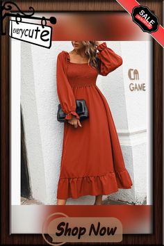 Orange Pleated Square Neck Ruffled Casual Dress Fall Midi Dress With Ruffle Hem For Brunch, Fall Midi Dress With Ruffles And Square Neck, Casual Ruffle Dress For Fall Brunch, Fall Ruffle Midi Length Dress, Casual Long Sleeve Ruffle Dress For Fall, Fall Ruffle Midi Dress, Casual Fall Ruffle Dress For Brunch, Solid Color Ruffled Midi Dress For Fall, Solid Ruffled Midi Dress For Fall