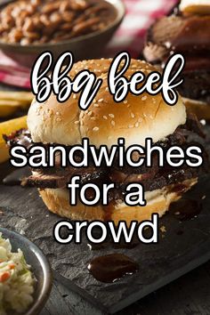 Barbecued Beef Sandwiches For A Crowd - Are you getting the family together for a big weekend? This big-batch recipe for barbecue beef sandwiches is delicious and can serve up to 50 people (you can scale it down for smaller groups too, of course!) | CDKitchen.com Sandwich Recipes For A Crowd, Ground Beef Sandwich Recipes, Burgers For A Crowd, Sandwiches For A Crowd, Bbq Beef Sandwiches, Beef Sandwich Recipes, Beef Sandwiches