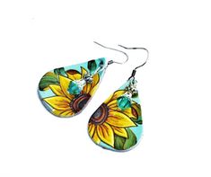 Hand Painted Leather Boho Sunflower Dangle Earrings Bohemian | Etsy Turquoise Dangle Jewelry For Spring, Boho Sunflower, Bijoux Art Nouveau, Turquoise Background, Hand Painted Jewelry, Hand Painted Leather, Art Nouveau Jewelry, Earrings Bohemian, Swarovski Crystal Beads