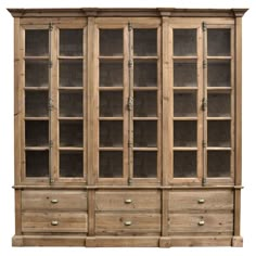 an old wooden bookcase with glass doors on the front and bottom shelves, isolated against a white background