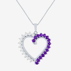 Features: Quick ShipSetting: ProngShape: HeartStone Cut: RoundStone Millimeter Measurement: 2.5 Mm Length, 2.5 Mm WidthMetal Color: WhiteChain Length: 18 InchPendant Length: 24.5mmPendant Width: 25.4mmMetal: Sterling SilverChain Construction: BoxCare: Wipe CleanStone Type: 15 Genuine Amethyst, 12 Lab Created SapphireAuthenticity: Genuine StoneBirthstone: February BirthstoneNecklace Type: Pendant NecklacesCountry of Origin: Imported Cubic Zirconia Heart Necklace With Gemstone, Purple Heart-cut Sterling Silver Necklace, Purple Heart Cut Sterling Silver Necklace, Purple Sterling Silver Heart Cut Necklace, Heart Shaped Crystal Gemstone Jewelry, Heart Cut Purple Jewelry For Valentine's Day, Purple Heart Cut Jewelry For Valentine's Day, Heart Cut Amethyst Necklace For Anniversary, Heart Cut Amethyst Necklaces For Anniversary