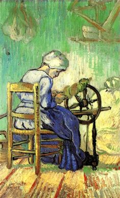 a painting of a woman sitting at a table with a spinning wheel