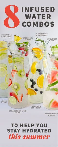 four glass vases filled with different types of fruit