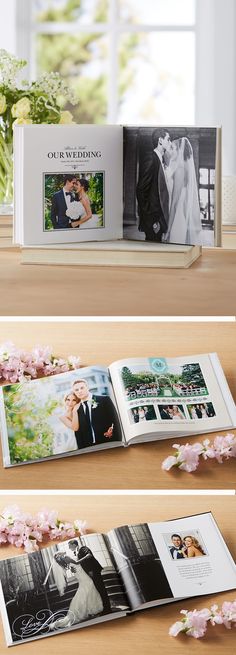 an open wedding album sitting on top of a wooden table next to flowers and vases