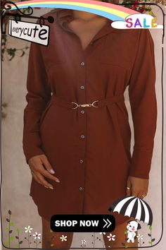 Brown Metal Hook Belt Long Sleeve Shirt Dress V-neck Shirt Dress For Work In Solid Color, Brown Collared Mini Dress For Work, Fall V-neck Shirt Dress With Pockets, Brown Button-up Shirt Dress For Fall, Chic Brown Collared Shirt Dress, Fall Daywear Collared Shirt Dress, Fall Belted Shirt Dress With Spread Collar, Casual Solid Color Office Shirt Dress, Casual Solid Color Shirt Dress For Office