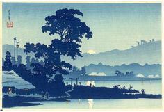 an image of a painting with mountains in the background and trees on the other side