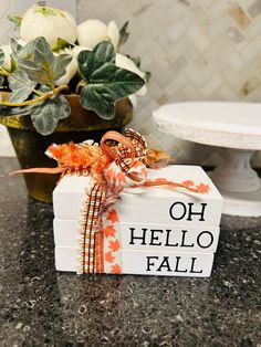 a small box with a bow on it sitting on a counter next to a potted plant