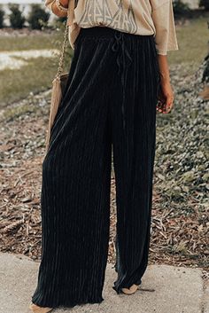 Black Pleated Drawstring High Waist Wide Leg Pants Black Tie Waist Loungewear Bottoms, Black Tie Waist Bottoms For Loungewear, Fall Tie Waist Wide-leg Pants, Fall Wide-leg Pants With Tie Waist, Fall Trousers With Tie Waist, High Waisted Wide Leg Pants, High Waist Wide Leg Pants, Loose Pants, Pleated Pants