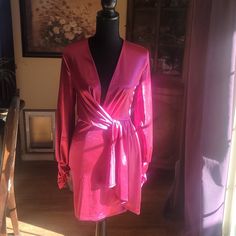 This Is A Nwt Fashion Nova Metallic Fuchsia Dress With Long Sleeves That Are Ruched At The Bottom. It Has A Deep V Neckline. Pink V-neck Dressy Mini Dress, Satin Mini Dress With Surplice Neckline For Parties, Pink Ruched Dress With Surplice Neckline, Pink Ruched Mini Dress For Fall, Pink Long Sleeve Dressy Mini Dress, Fall Pink Ruched Dress, Pink Flirty Dress For Fall, Flirty Pink Dress For Fall, Flirty Pink Fall Dress