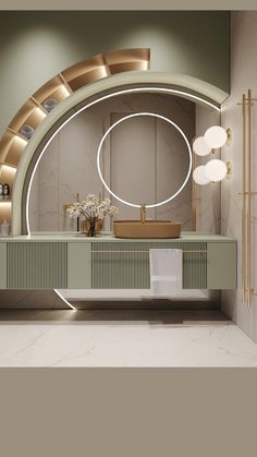 a bathroom with a round mirror on the wall next to a sink and counter top