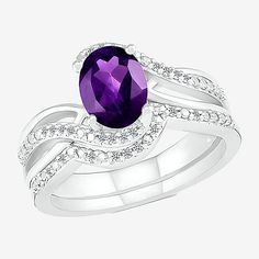 Ring Style: Bridal Sets, Engagement Rings# Pieces In Set: 2Setting: ProngShape: OvalStone Cut: OvalStone Millimeter Measurement: 8 Mm LengthMetal Color: WhiteRing Top Width: 11.5mmBand Width: 5.5mmCare: Wipe CleanStone Type: 46 Lab Created Sapphire, 1 Genuine AmethystAuthenticity: Genuine StoneBirthstone: February BirthstoneMetal: 14k White GoldCountry of Origin: Imported Purple Oval Jewelry With Diamond Accents, Oval Amethyst Ring With Diamond Accents For Anniversary, Anniversary Oval Amethyst Ring With Diamond Accents, Purple Oval Cabochon Rings For Wedding, Purple Oval Cabochon Jewelry For Wedding, Purple Oval Cabochon Wedding Jewelry, Oval Bridal Set, Modern Bride, Bridal Sets