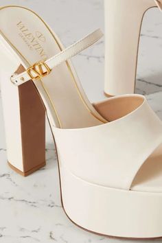 Valentino Garavani Tan-go 155 Patent-leather Platform Mules - Ivory | Editorialist Dainty Logo, Valentino Heels, Pretty Heels, Dr Shoes, Fashion Shoes Heels, Shoes Heels Classy, Cute Shoes Heels, Platform Mules, Fancy Shoes