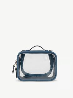 a blue and clear bag on a white background