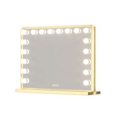 an illuminated vanity mirror with dim lights on the front and sides, in gold frame