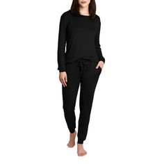 The Blis Womens Loungewear Set includes 1 Long Sleeve Crew Neck T-Shirt and 1 Relaxed Fit Full Length Jogger Size: M.  Color: Black.  Gender: female.  Age Group: adult. Black Long Sleeve T-shirt For Loungewear, Black Moisture-wicking Joggers For Loungewear, Black Long Sleeve Sleepwear For Relaxation, Black Long Sleeve Graphic Sleepwear, Black Moisture-wicking Comfort Stretch Joggers, Womens Loungewear Sets, Plus Size Pajamas, Jogger Set, Loungewear Set