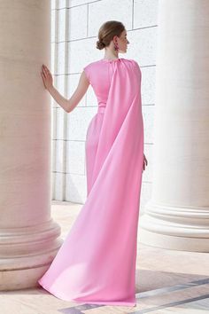 Efflores Pegged Round Neck Silk Floor Length Dress | MEAN BLVD Pre-draped Floor-length Silk Dress For Gala, Pre-draped Maxi Length Evening Dress For Banquet, Elegant Cape Sleeves Maxi Dress For Banquet, Silk Evening Dress With Sweep Train, Elegant Maxi Dress With Cape Sleeves For Banquet, Elegant Silk Dress With Long Train, Elegant Pink Silk Evening Dress, Silk Floor-length Evening Dress For Banquet, Floor-length Silk Gown For Banquet