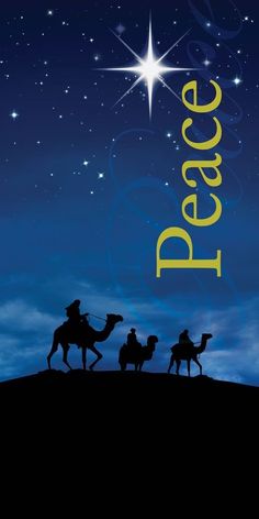 the nativity scene with three wise men riding on camels and star above them