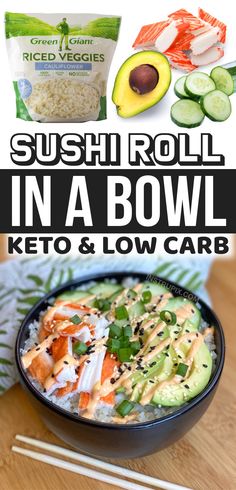 sushi roll in a bowl with chopsticks on the side and an avocado