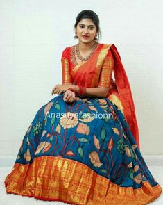 Kalamkari Pattu Lehenga, Kalamkari Half Saree Lehenga, Latest Lehanga Models, Pen Kalamkari Lehangas, Kalamkari Half Saree Designs, Kalamkari Lehenga Designs, Kanchi Pattu Lehenga Half Saree, Mehendi Saree