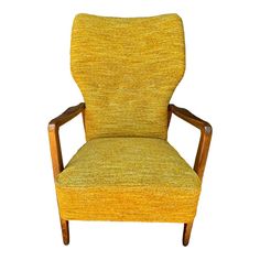 an upholstered yellow chair with wooden frame and arms, on a white background