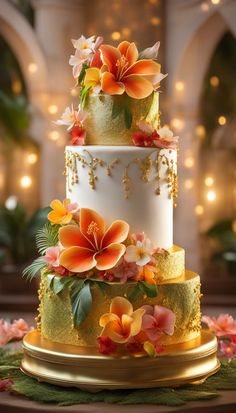 a three tiered wedding cake with flowers on the top and gold trimmings