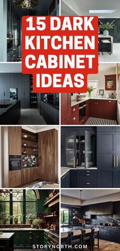 kitchen cabinets with the words 15 dark kitchen cabinet ideas