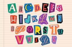 the letters are made up of different colors and sizes, including one letter in the upper left corner