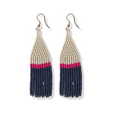 Navy Ivory With Hot Pink Stripe Small Triangle Earrings - INK+ALLOY Bead Collection, Beaded Fringe Earrings, Beaded Earrings Patterns, Sun Exposure, Creating Jewelry, Triangle Earrings, Beaded Fringe, Earring Patterns, Boho Look