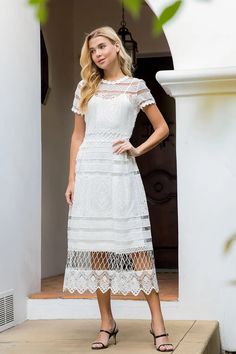 Off-white crochet midi dress featuring: High neck Short sleeves Back zipper Separate inner lining dress Charm Dress, Elegant Midi Dress, Crochet Midi Dress, Crochet Midi, Dresses Australia, Elegant Midi Dresses, Lace Midi, Lace Midi Dress, Feminine Look