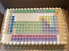 a sheet cake decorated with the elements of an element's name and number on it