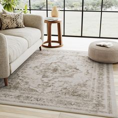 a living room with a couch, chair and rug