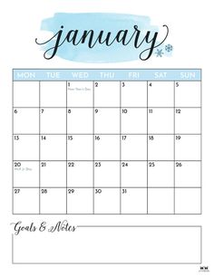 the january calendar with watercolor lettering