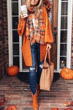 Orange Sweater For Fall Layering, Orange Sweater For Layering In Fall, One Size Long Sweater For Fall, One Size V-neck Sweater For Fall, One Size V-neck Cardigan For Fall, Long Orange Outerwear For Fall, Cozy Orange Outerwear For Fall, One Size Knit Sweater Coat For Fall, Casual Long Sleeve Orange Cardigan