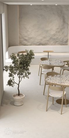 a table and chairs in a room with a tree on the floor next to it