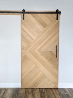 an open wooden door with black hardware on the top and bottom, in front of a white wall