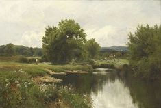 a painting of a river with cows grazing in the distance