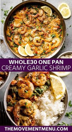 one pan creamy garlic shrimp with lemons and parsley on the side is shown