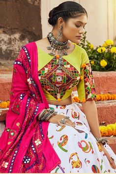 Navratri Special Fascinating White Color Digital Printed Lehenga In Cotton Fabric White Lehenga Blouse Designs, White Lehenga Blouse, Plus Size Lehenga, Pakistani Bridal Lehenga, Pakistani Lehenga, Kids Lehenga Choli, Green Dupatta, Indian Wedding Lehenga, Printed Lehenga