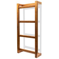 a tall wooden shelf with two glass shelves