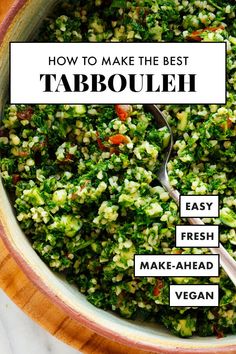 a bowl full of tabboulei with the words how to make it