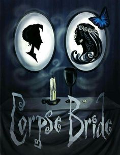 the poster for corpse bride shows two women in silhouette