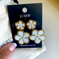 J Crew Floral Beaded Earrings, New. Comes With The Dust Bag Everyday White Beaded Earrings, J Crew Jewelry, Beaded Earrings, J Crew, Dust Bag, Jewelry Earrings, Women Jewelry, Floral, Gold